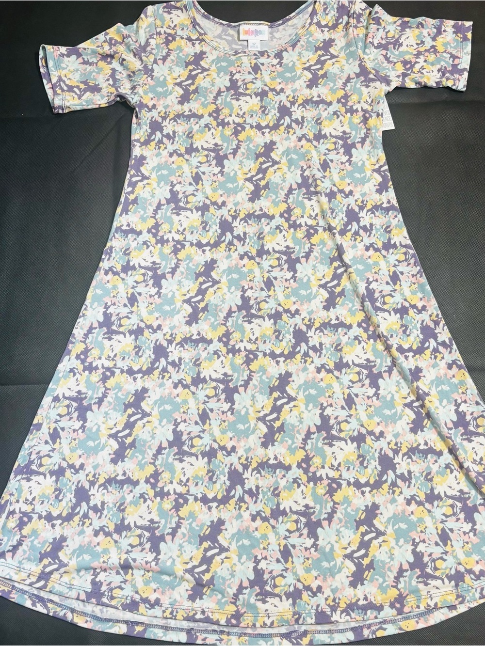 Girls LuLaRoe NWT Floral Swing Dress Short Sleeve Size 12 Purple/Teal/Yellow